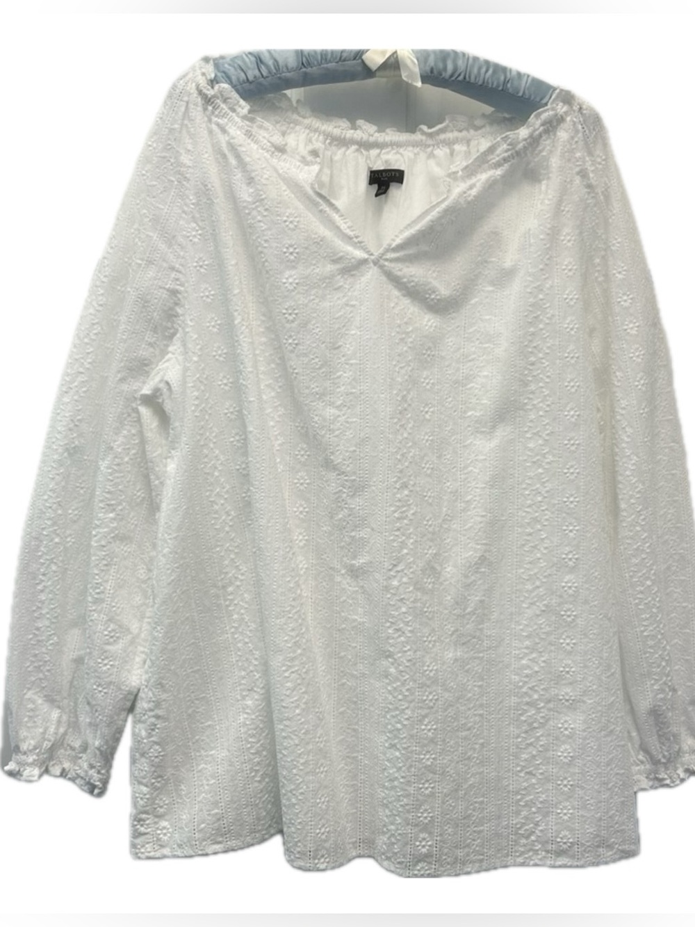Talbots Plus White Eyelet Peasant Ruffled Blouse 100% Cotton Boho V-Neck Lined